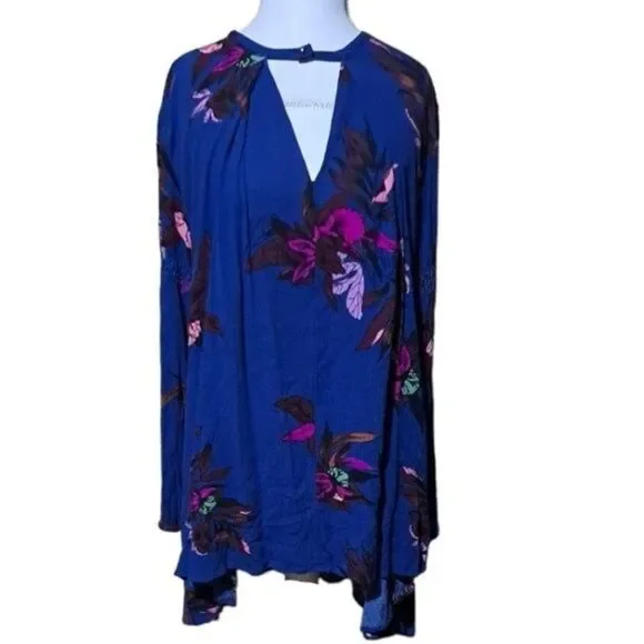 Free People Dress Women XS Tree Swing Blue Tunic Floral Keyhole Boho Long Sleeve - Picture 6 of 9